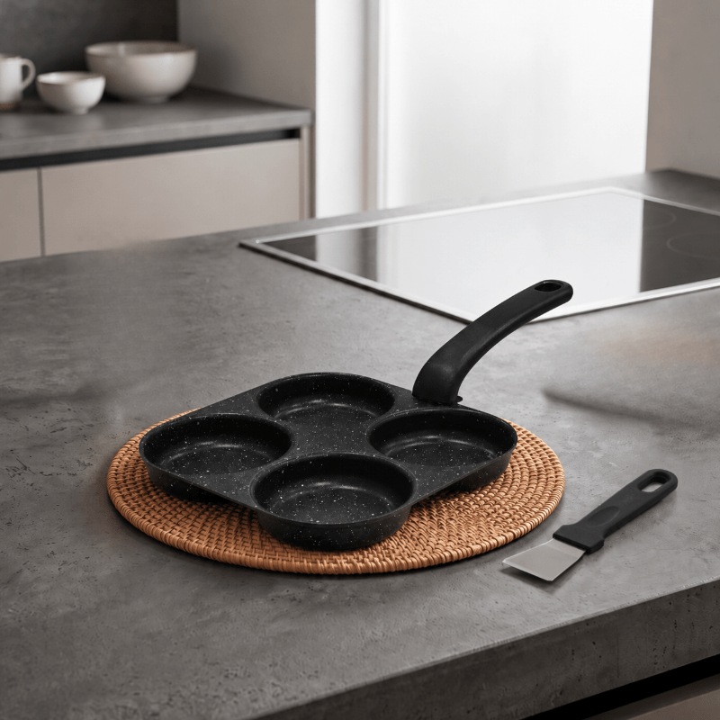 TEMU -one Four-hole Flat-bottom Frying Pan Set, -   Cleaning Spatula, Heat-insulating Anti-scald Long Handle, Low-oil Design, Can Fry 4 Of Omelets Or