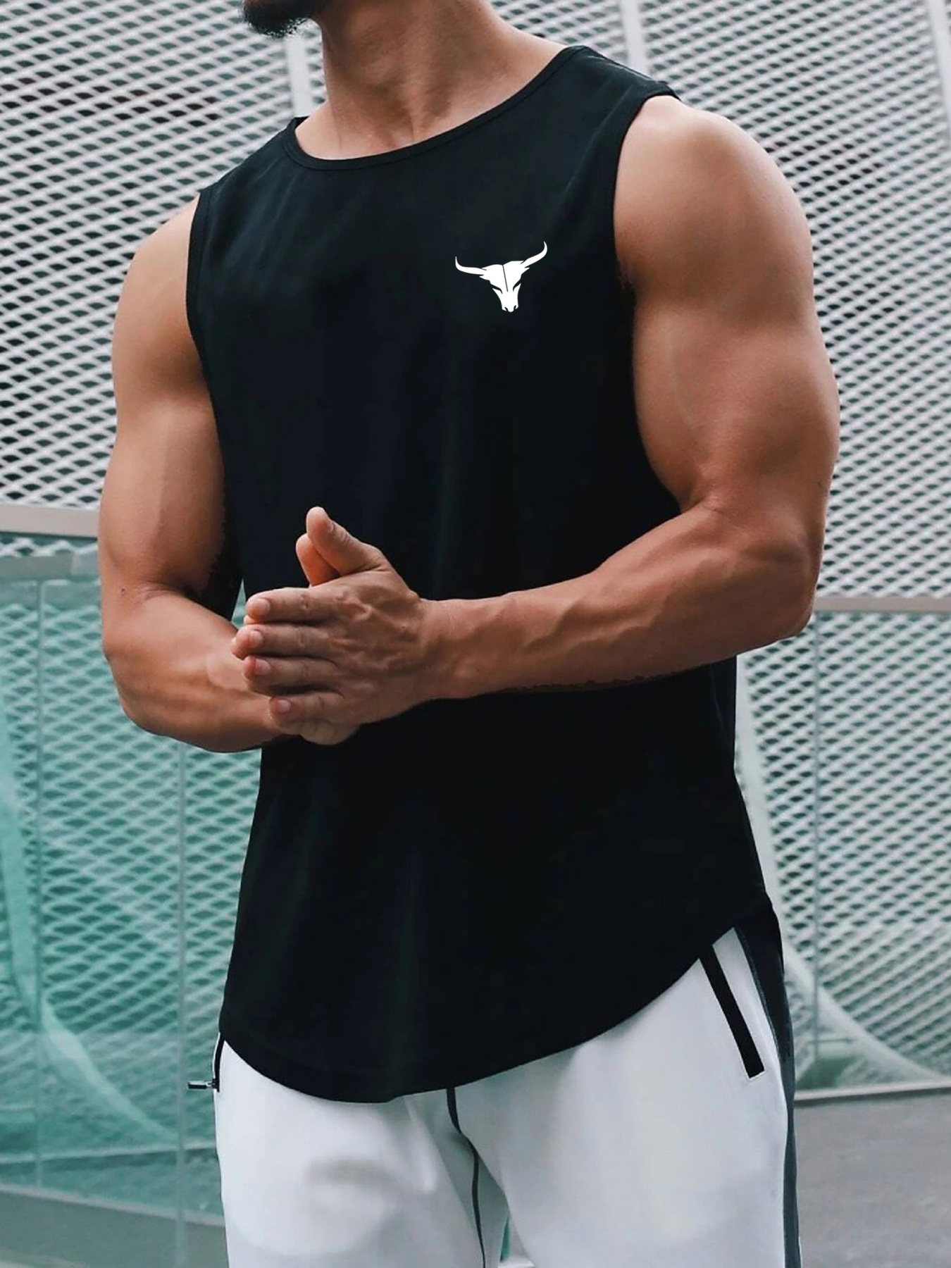 Men's Summer Athletic Tank Top - Breathable, Sweat Absorbent, Loose Fit Sleeveless Shirt for Gym, Training & Basketball - White with Black Bull Head Design, Gym Apparel | Sweat Absorbent Fabric, Gym Shirts