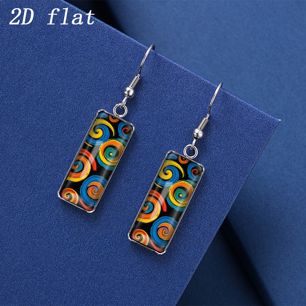 TEMU 2d Flat, 1 Pair Colorful Contrast Swirl Graffiti Pattern Glass Cabochon Earrings For , Stainless Steel Ear Hooks, Rectangle Shape, 2d Flat