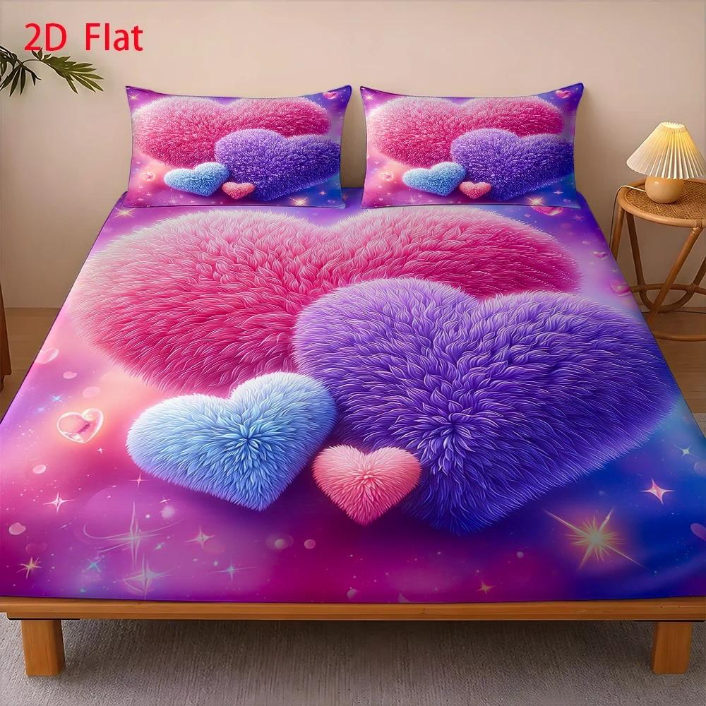 TEMU 3pcs Mattress Protector Set, 1 Fitted Sheet   2 Pillowcases, No Filling, Plush Pink Heart-shaped Pattern, Cartoon Style, Valentine's Day,