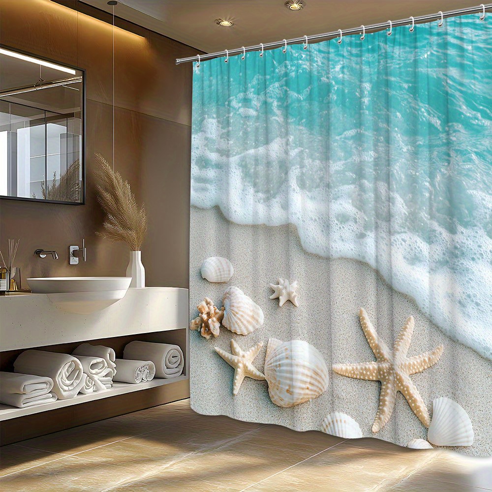 TEMU 1 rideau de douche sur le thème "" avec des coquillages, des de mer et des douces sur un , avec des eaux turquoise claires et un , fabriqué en