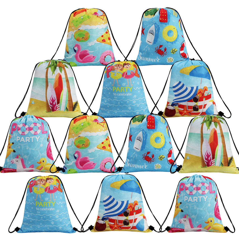 TEMU Regalo para Ella/Él 12pcs Mochilas con Cordón Temáticas de Playa, Natación y Surf para Fiestas - Material Duradero y Reutilizable, Ideal para y