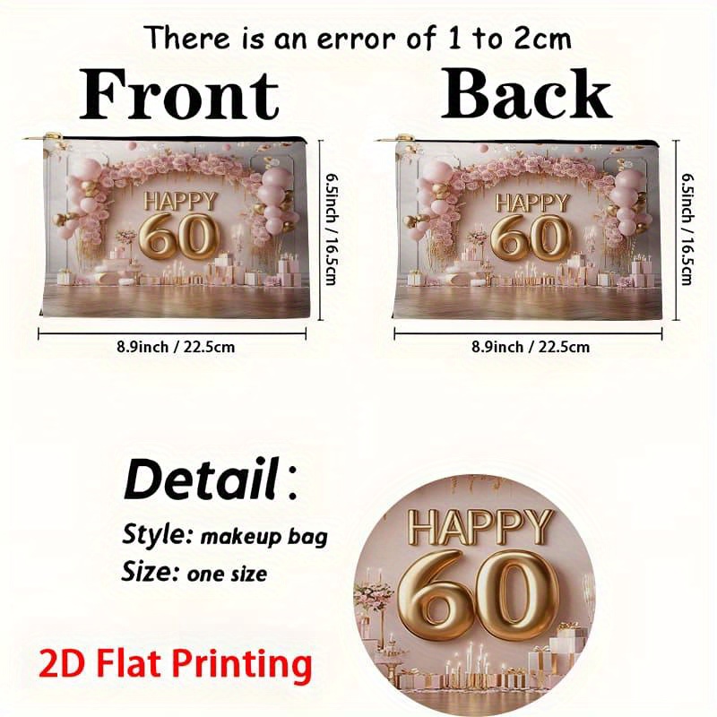 TEMU 1pc 2d Flat Printing Cosmetic Bag, Elegant 60th With Golden Balloons And Pretty Gifts, Lightweight And Durable Women's Makeup Storage Bag,