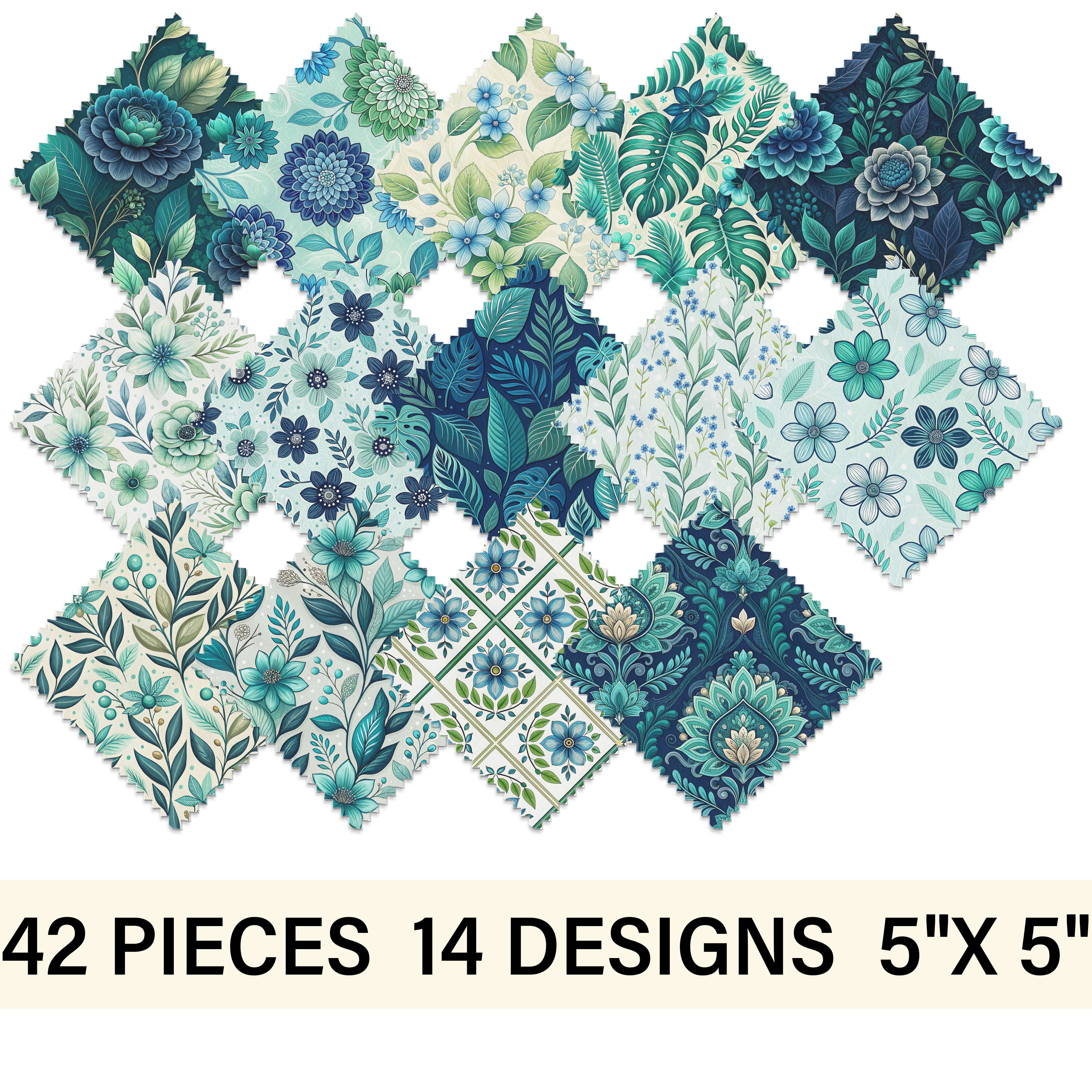 TEMU Pack de 12.7X12.7 Pièces de tissu 42pcs, 14 designs, 3pcs , Feuilles de fougère d'ombre profonde, Feuilles larges , Fleurs bleues délicates,