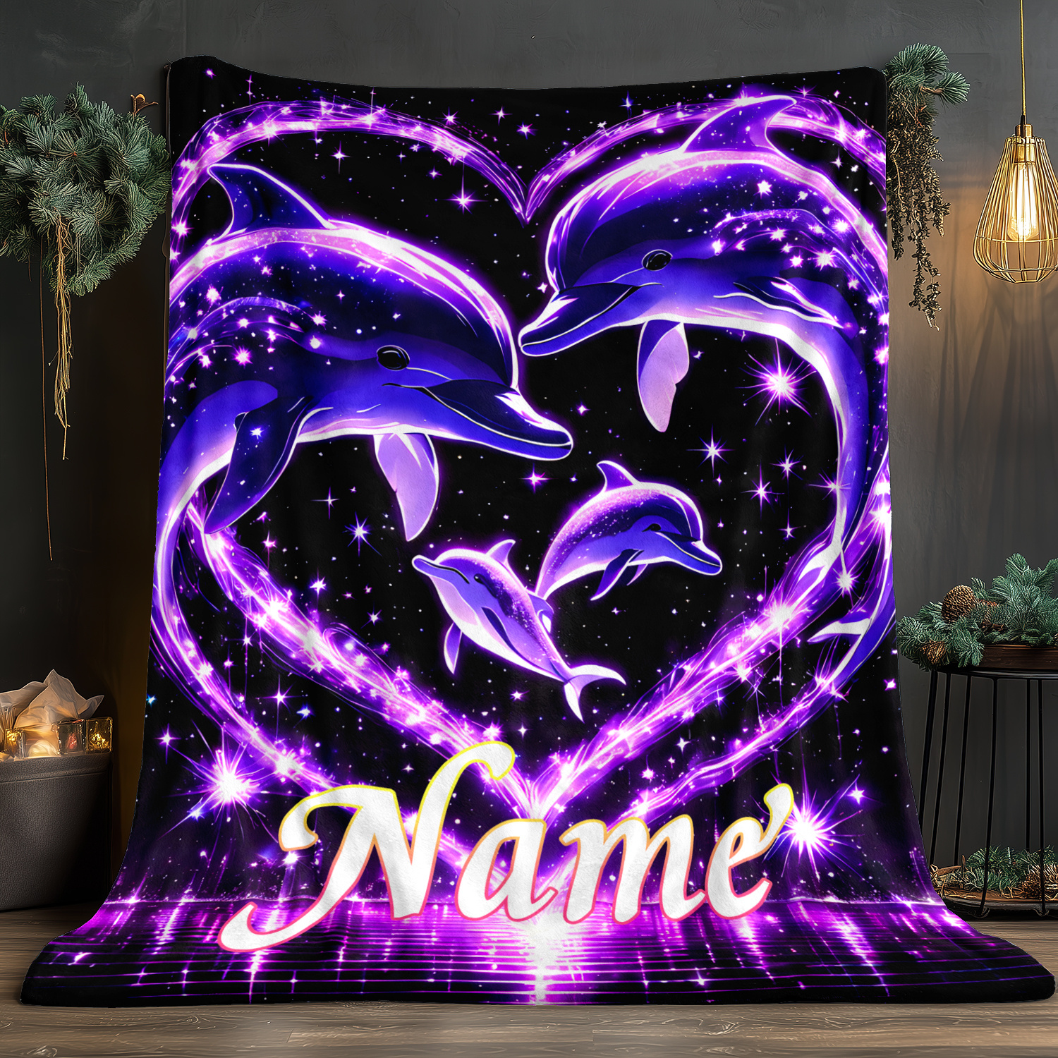 TEMU Personalized Blanket Starlight Love Dolphin - Lightweight Flannel Bedding Ideal For Sofas, Beds, Travel, Camping, Living Rooms, Offices, Chairs,