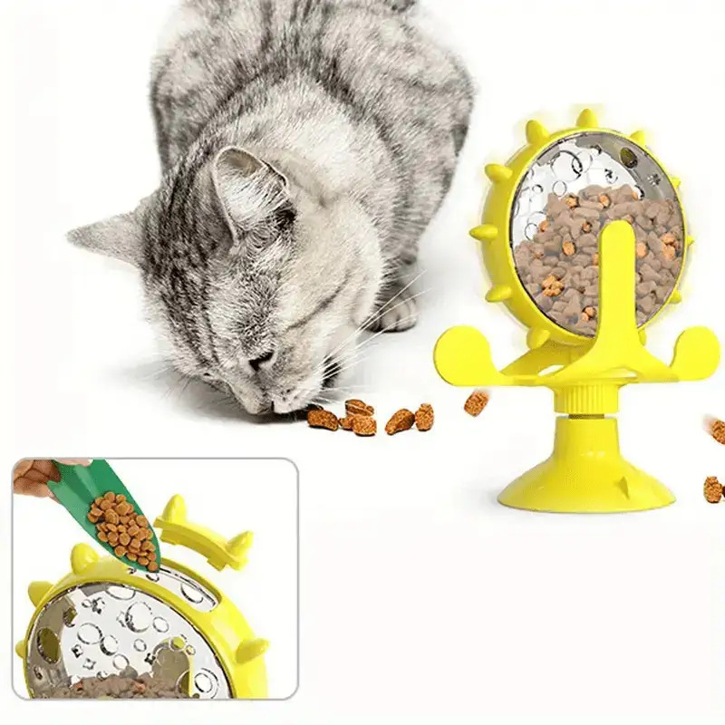 Une pièce de moulin à vent interactif sans pile conçu pour les animaux de compagnie, servant de distributeur lent de nourriture et de récompenses. Il est doté d'un jouet de puzzle rotatif fabriqué en plastique ABS durable avec une conception qui est facile à nettoyer. Ce jouet favorise
