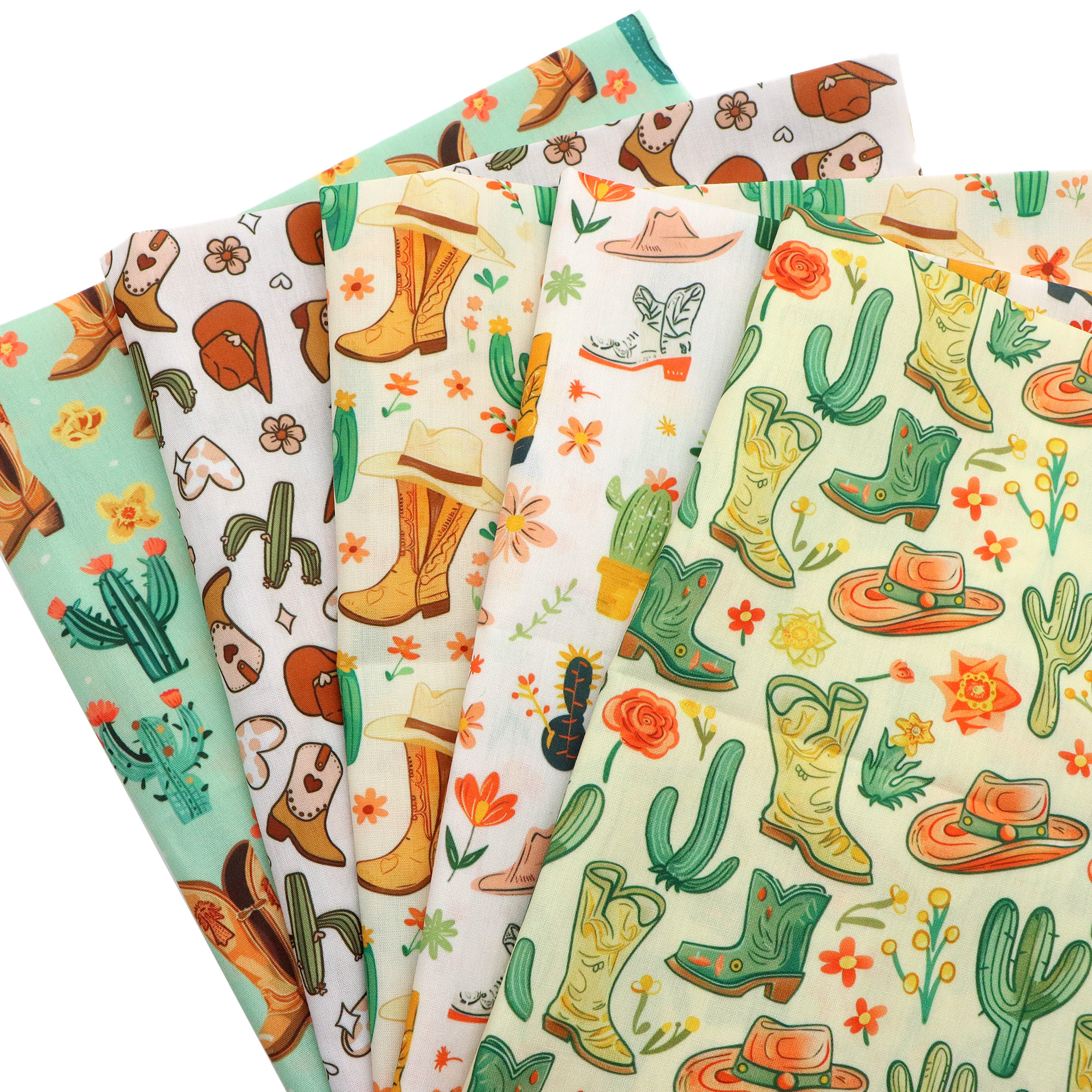 

5-pack Cowboy-themed Fabric Bundle, 100% Polyester Precut Pieces, Hand Wash, 120gsm, 19.68x17.72 Inches, Cartoon Print For Quilting, Diy Crafts, Gift Wrapping