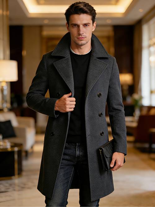 2026 ny europeisk och amerikansk vår/höst dubbelknäppt enfärgad trenchcoat för män, avslappnad fest, exklusiv, fashionabel och trendig lyxig mångsidig slitstark lång slag trenchcoat för dejter