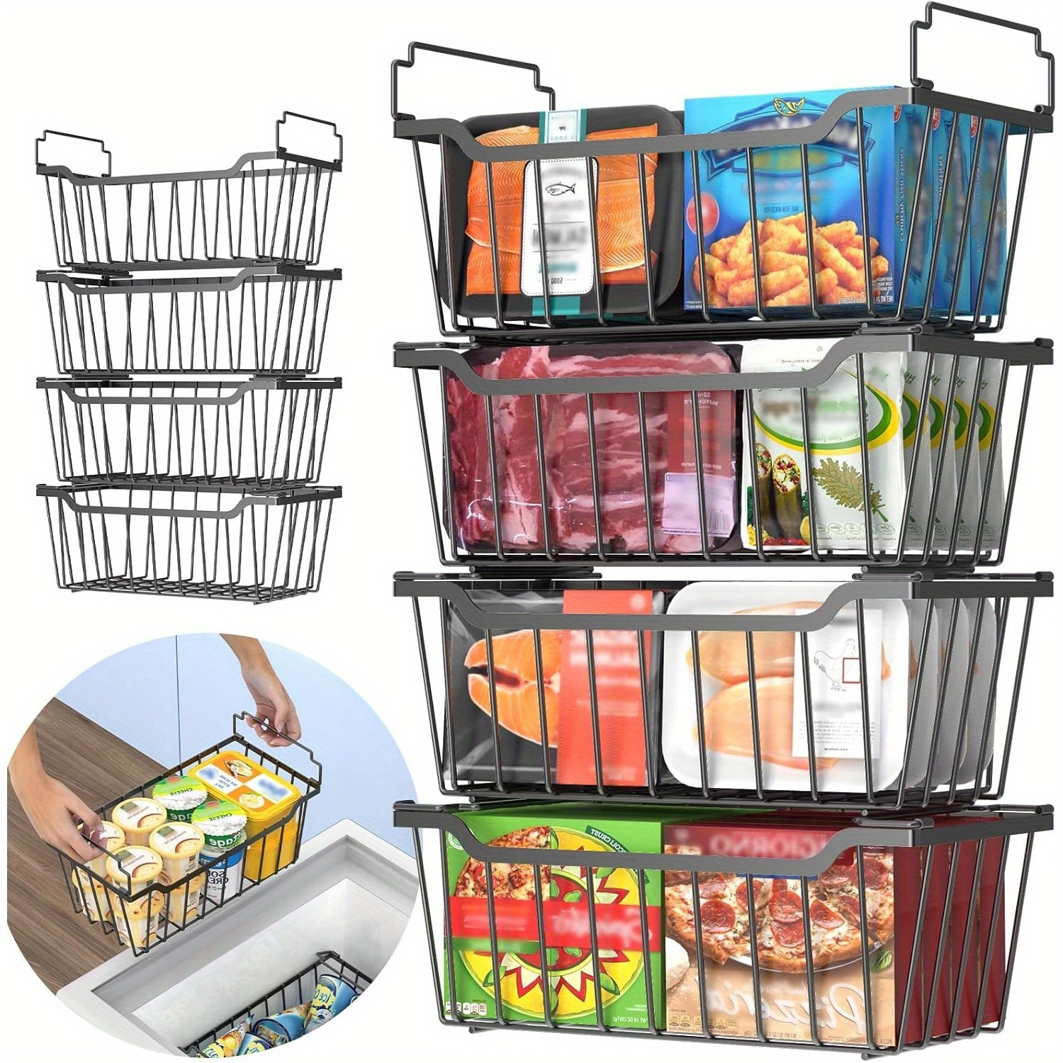 TEMU 8-pack And 4- Organizer Bins - Stackable And Foldable Handle Metal Storage Baskets For Deep Chest Freezer Organization (3.5-7 Cu.ft) - Space