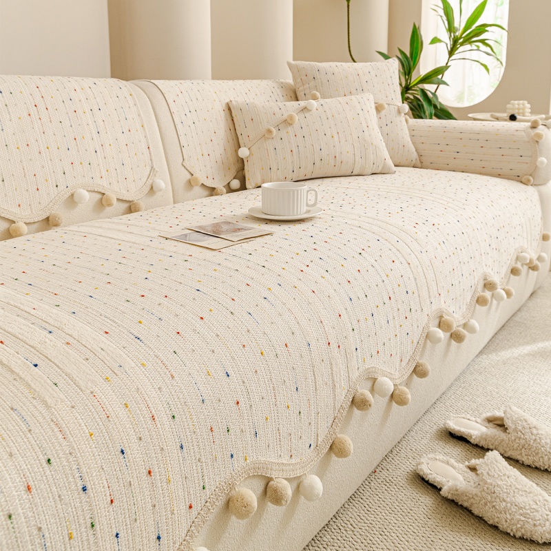 TEMU 1pc Creamy Style Colorful Dot Yarn Tassel Pom-pom Sofa Cushion, Non-slip Sateen Wavy Edge Sofa Seat, Ideal For Renovation Of Old Sofas,