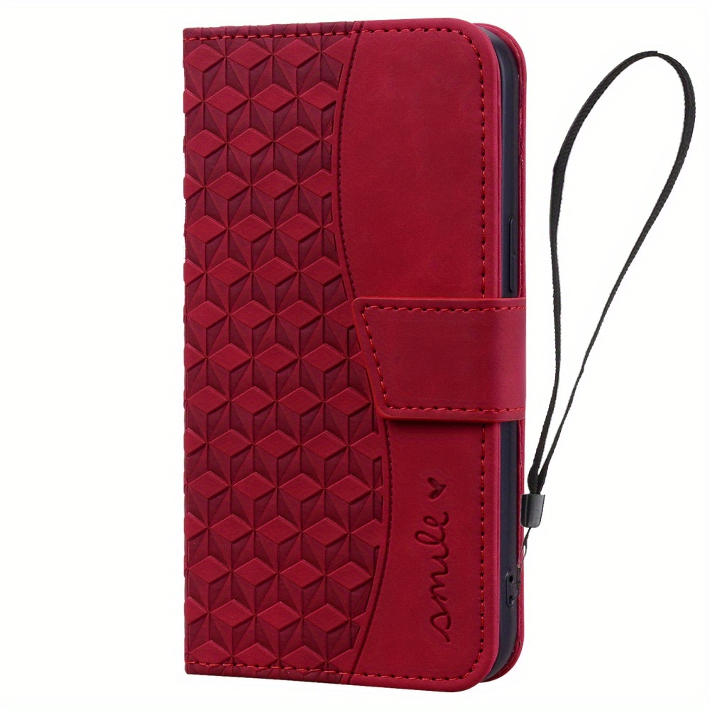 TEMU Phone Case - Solid Color Faux Leather Texture Curved Splicing Artificial Leather Checkered Letter Embossed Card Holder Wallet-style Phone Case