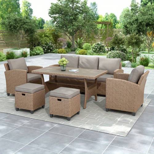 6piece Outdoor Rattan Wicker Set Patio Garden Backyard Sofa Chair Stools and Table Natural
