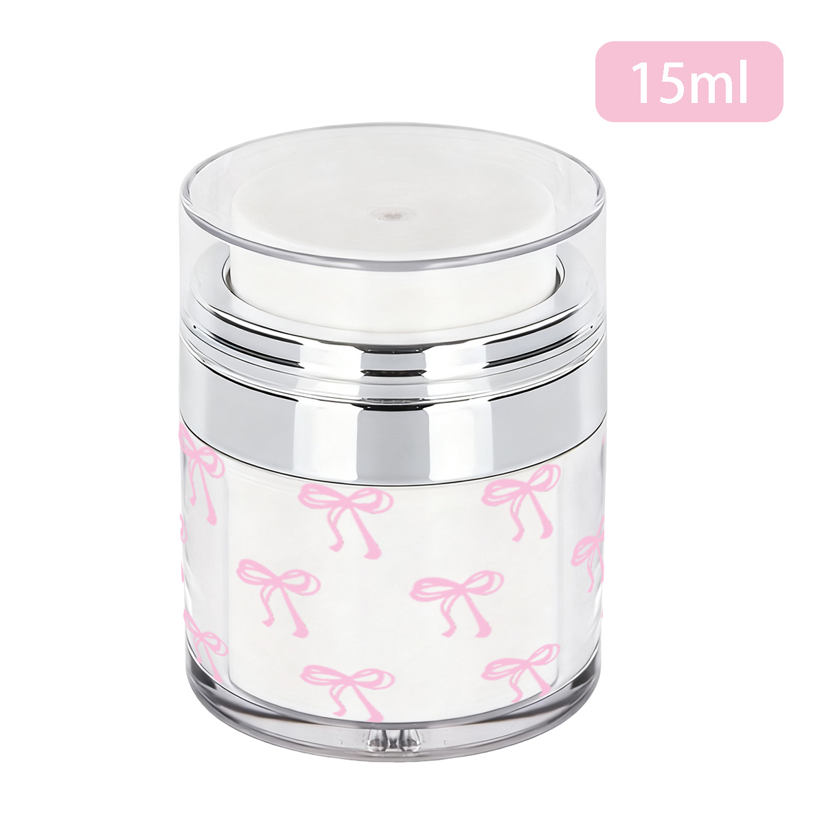 E-shop 1 Stück, Transparente Vakuum-Pressflasche mit rosa Schleifendruck silbernem Design, Nachfüllbarer Lotion-Creme-Serum-Spender, Auslaufsicherer