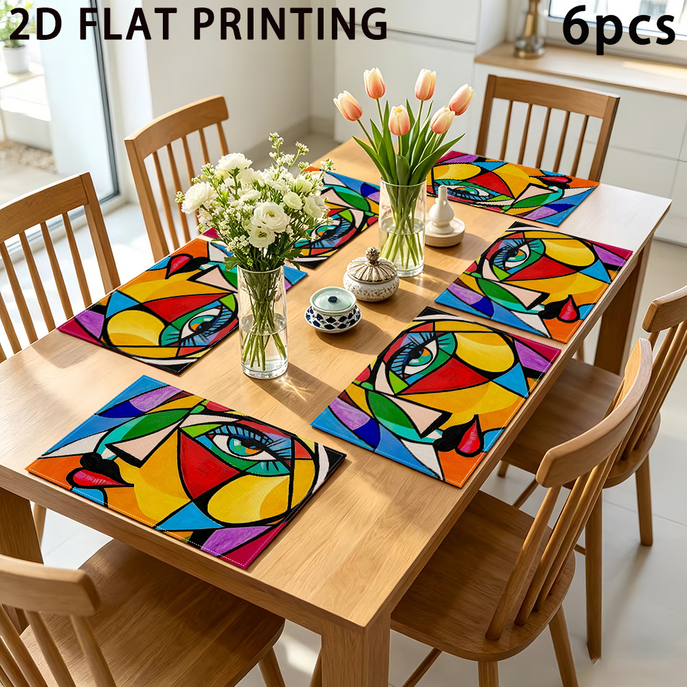 TEMU 6pcs Set Picasso Cubism Style Abstract Face Pattern Placemats - 12x18 Inches Washable Polyester Table Mats, Rustic Style Indoor Table Mat Decor
