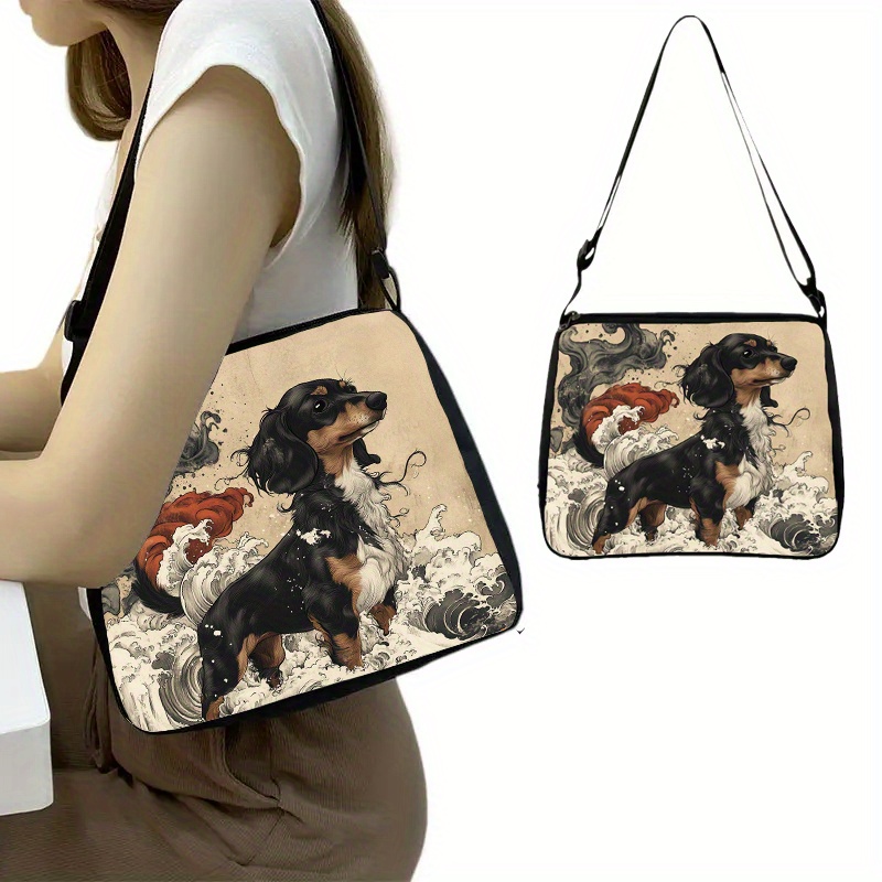 

Chic Dachshund Print Crossbody Bag For Women - Lightweight, Polyester With Pocket, Zip Closure, Animal Theme