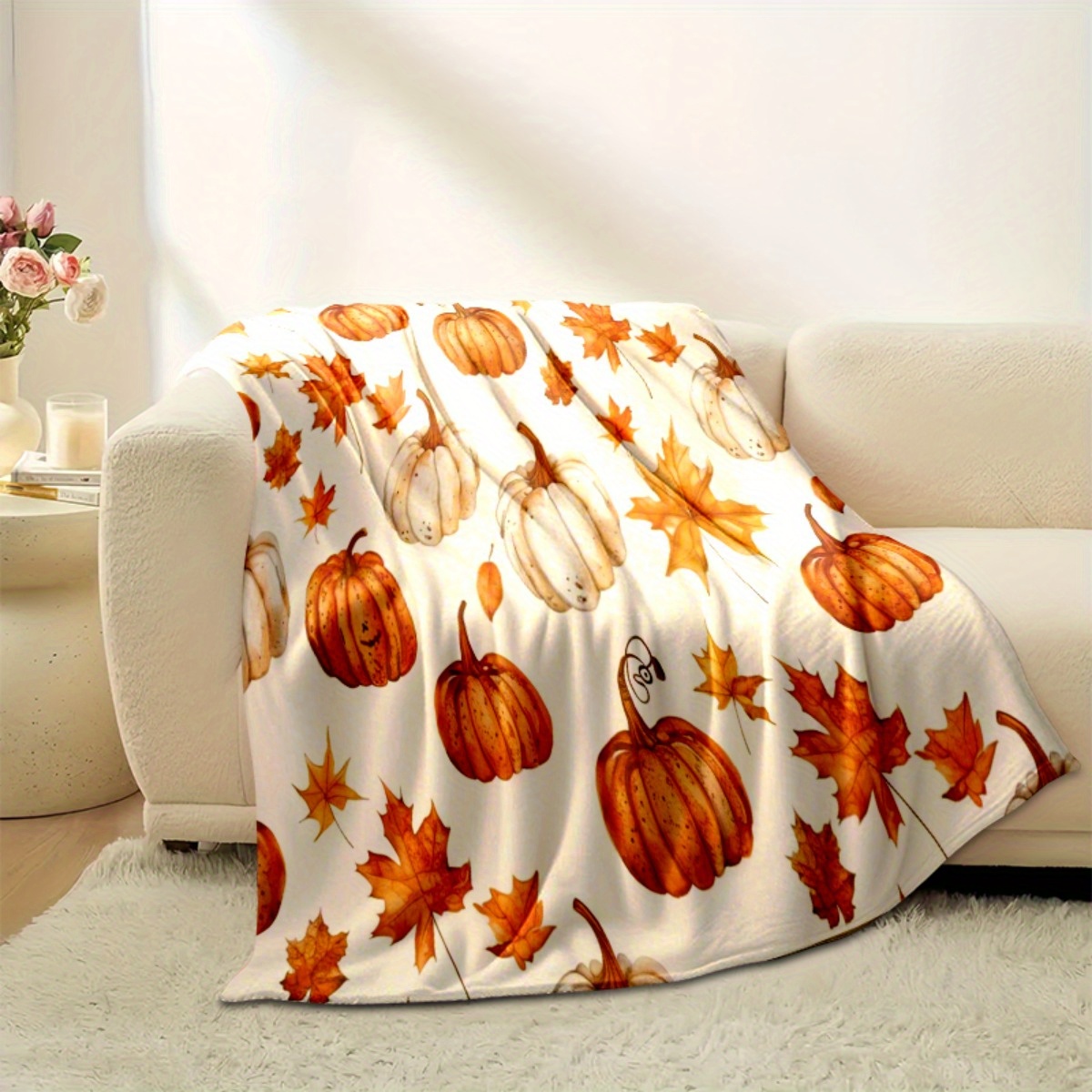 TEMU 1pc Pumpkin And Leaves Print Blanket - Soft Plush Flannel, Lightweight And Durable, White And Orange Pumpkins With , Perfect For Sofa, Bed, Or