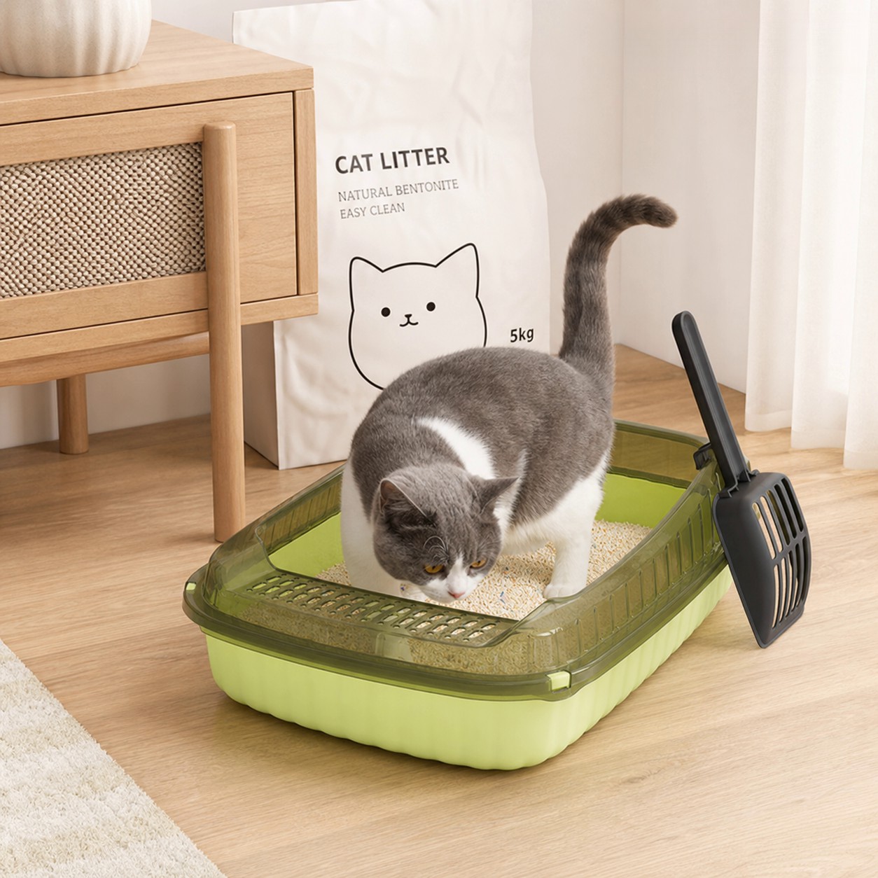TEMU 1 grand bac à litière semi-fermé (avec pelle à litière), convient aux chats et chatons de taille moyenne et petite, plateau à litière