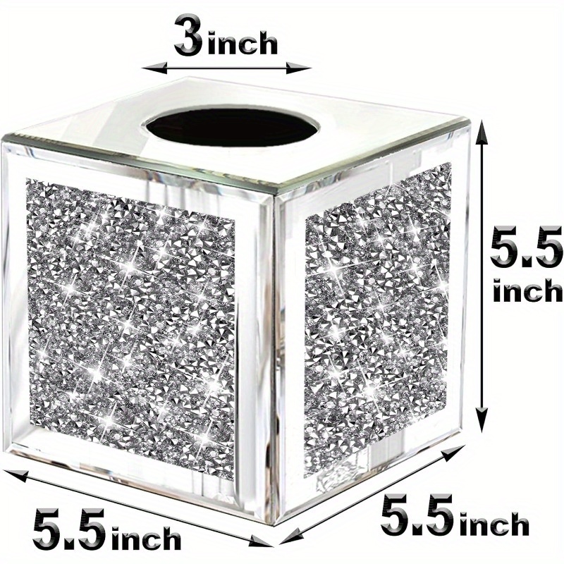 square mirrored tissue box covercrystal crushed diamond tissue box silvery luxury   for either tissues in a bathroom or napkins on a table. 5.5 x5.5 x5.5,   accessory, napkin holder, elegant decor, stylish organizer, decorative  , handcrafted detail, decorative tissue dispenser, interior designers, home decor lovers Product details 5