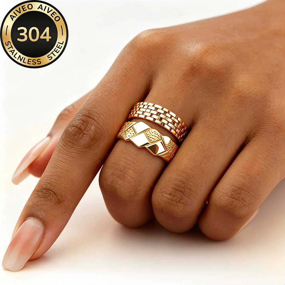 2pc Golden Stackable Open Ring Set, Stainless Steel