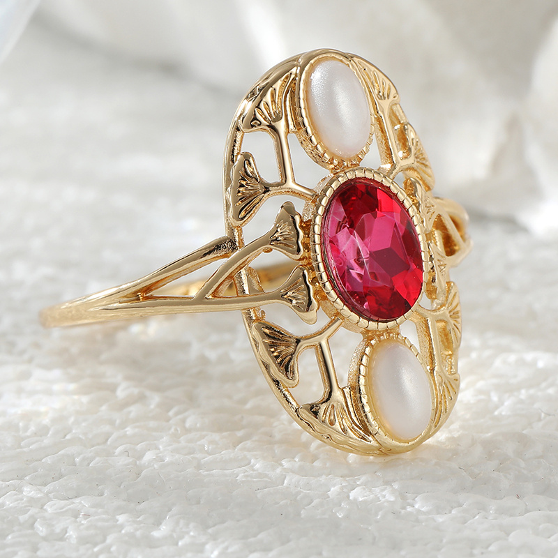 Women's Vintage Red Synthetic Zirconia Hollow Ring, Handmade
