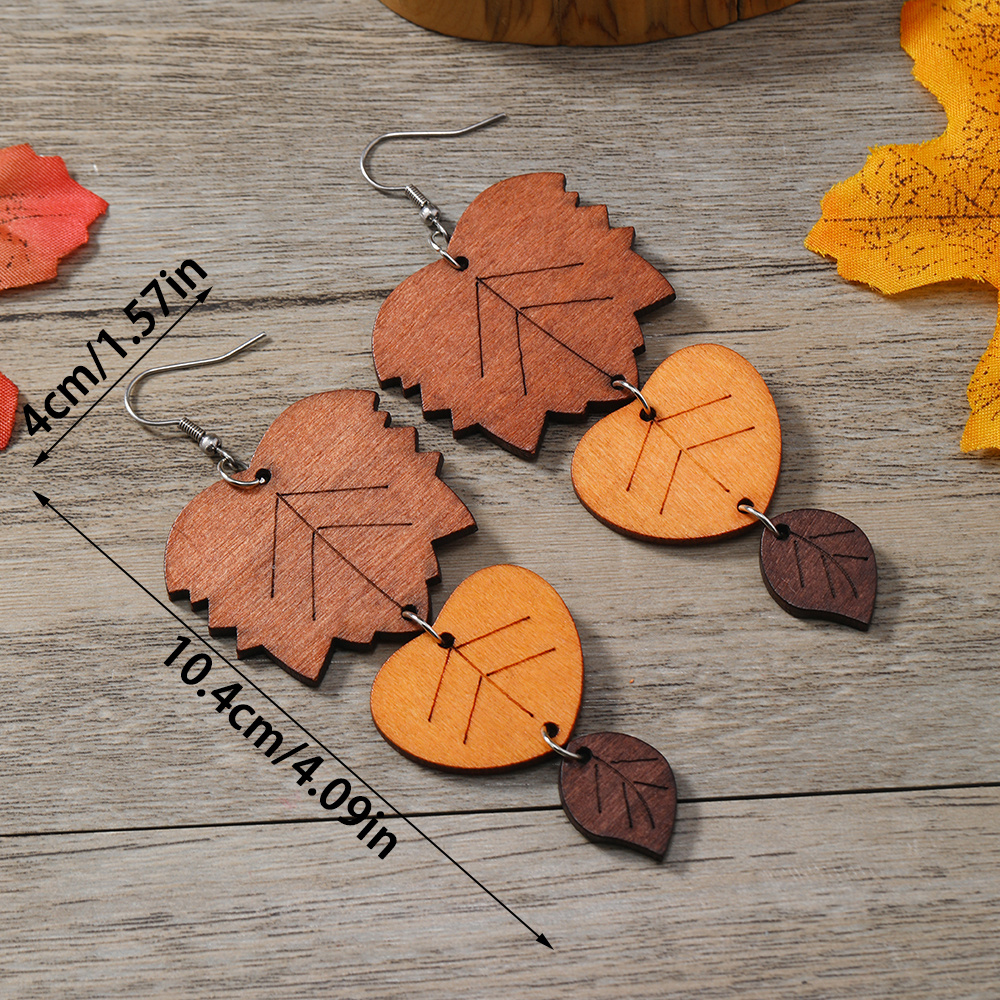 Women's Vintage Brown Leaf Wood Long Earrings, Ethnic Style