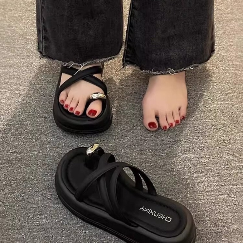 TEMU 【レディース】夏用トゥサンダー、厚底で身長アップ、ビーチサンダル、サンダル、厚底シューズ、クロス型スポンジケーキサンダル、レディースシューズ