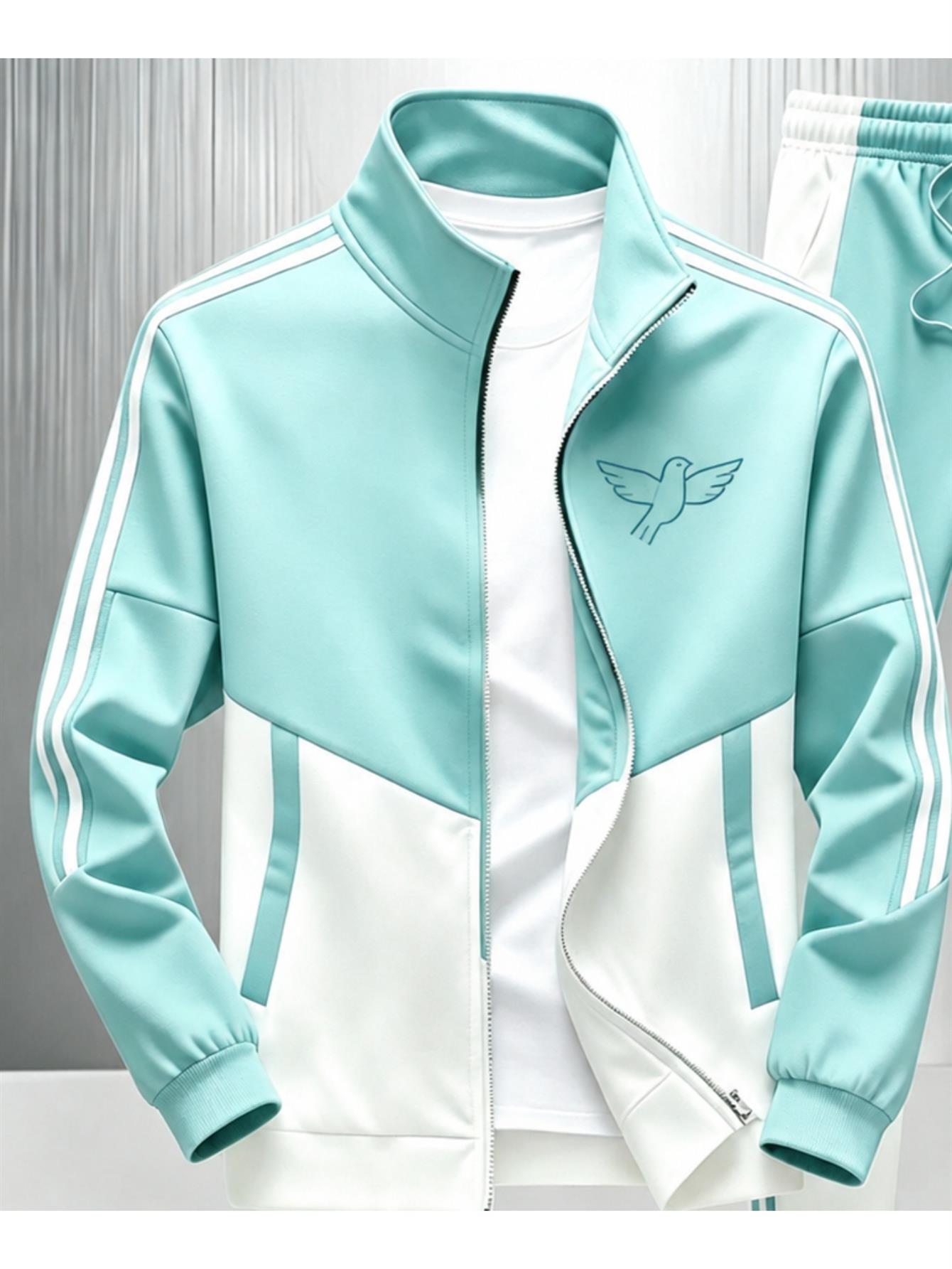 Men's Fashionable Mint White 2pcs Tracksuit Set with Bird Print