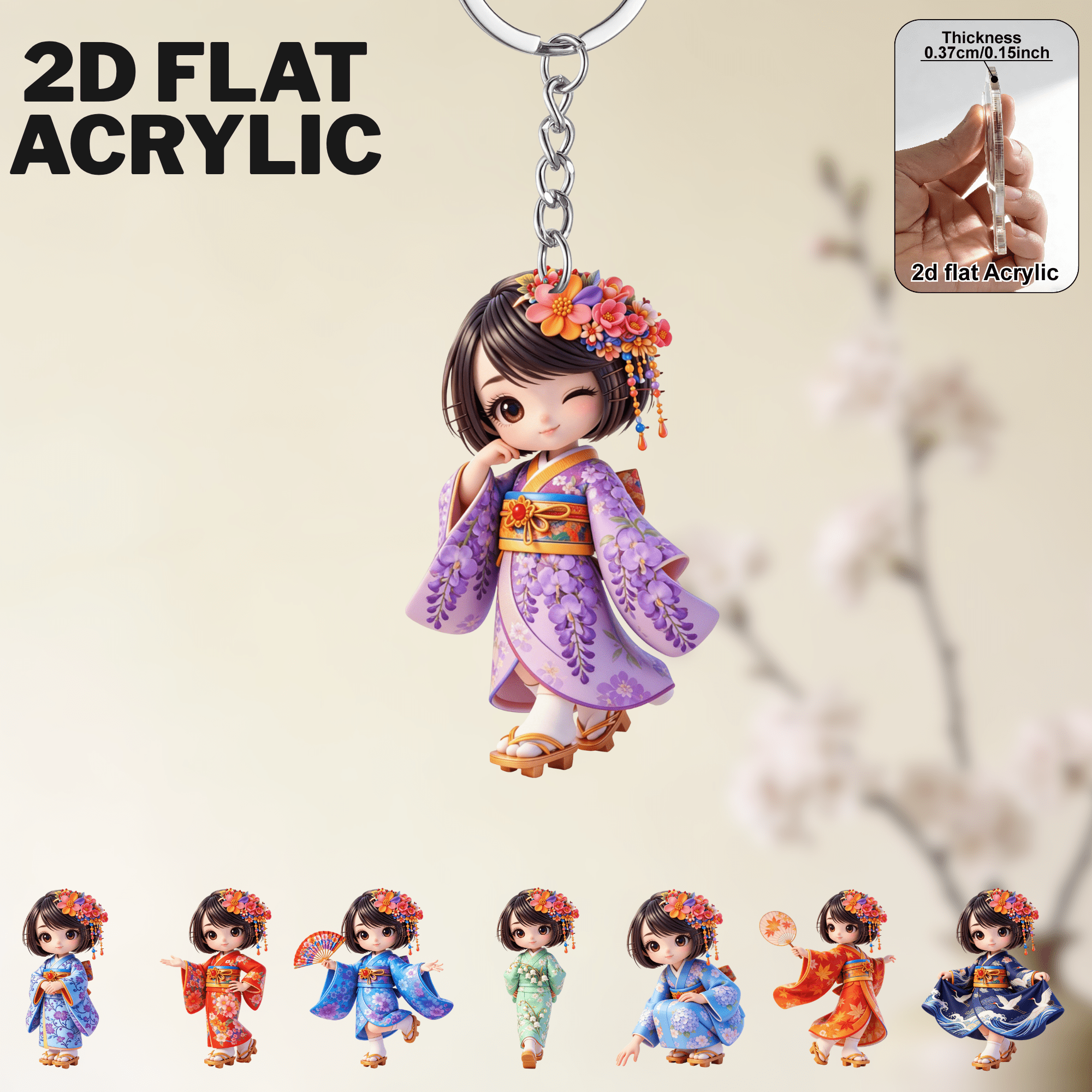 TEMU Plat 2D, Porte-clés en acrylique de style plat 2D, Lot de 8 pièces, avec motif à de kimono – Parfait pour aux téléphones, sacs à dos ou clés de
