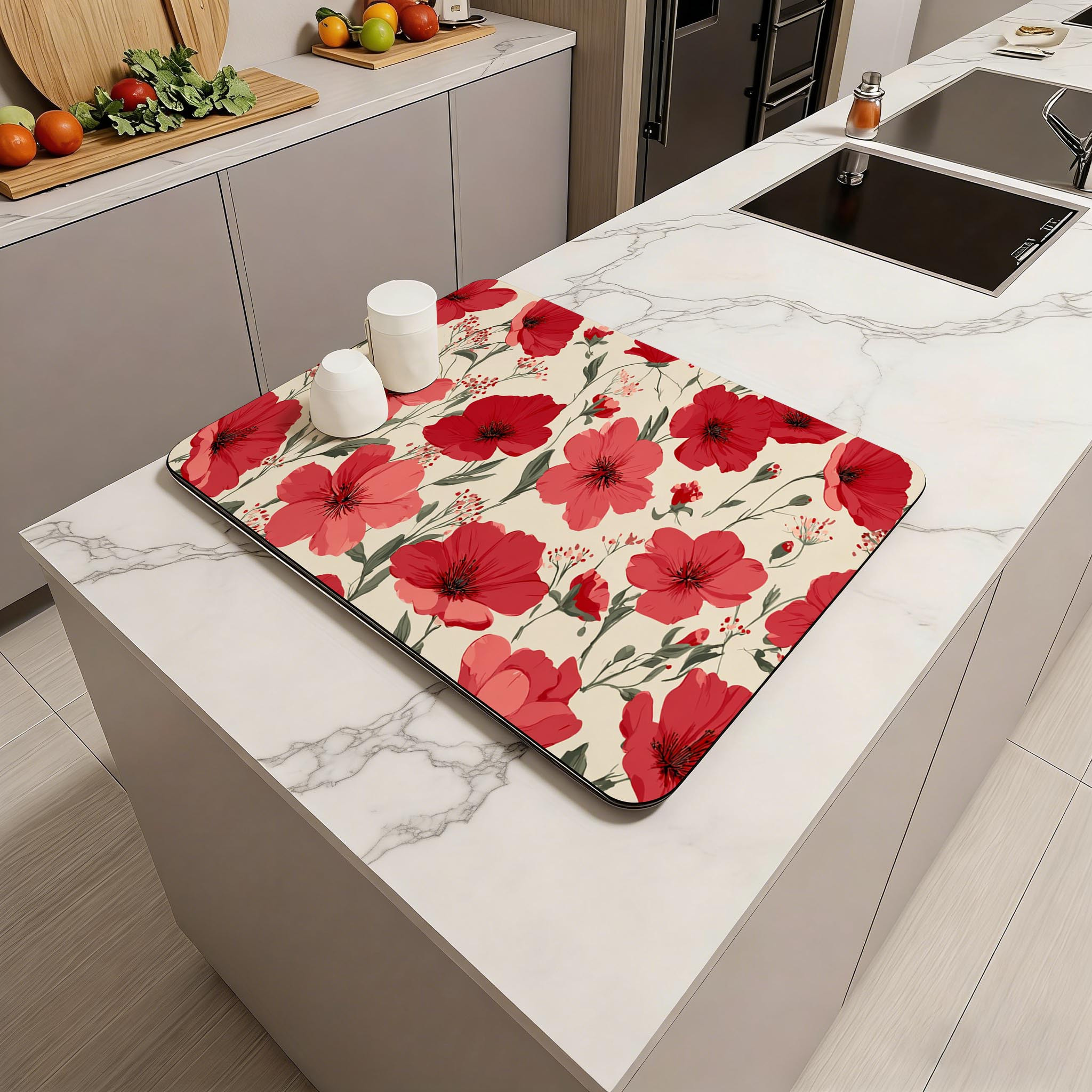 TEMU 1pc Dish Drying Mat, Kitchen Mat, Coffee Mat - Countertop Dish Drying Mat With Red And White Full-coverage Floral And Branch Leaf Pattern,