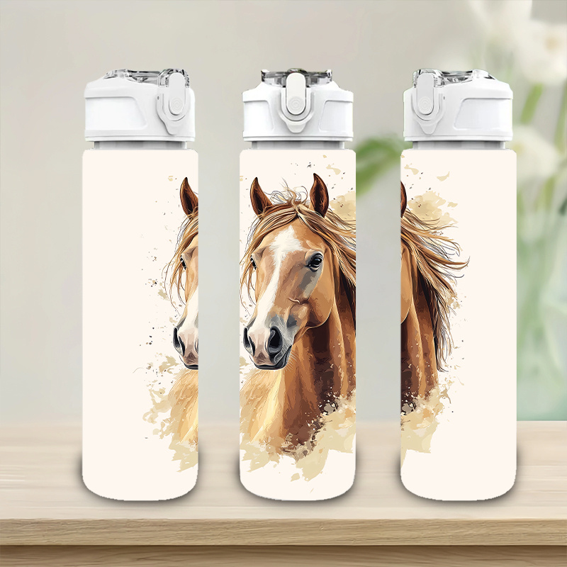 TEMU 1 pz Cavalcatura Marrone, Ininterrotto, , Volante, Borraccia in Plastica da 750 ml/26 Oz, Design Stampato , A di Perdite con Pop-Up, ,
