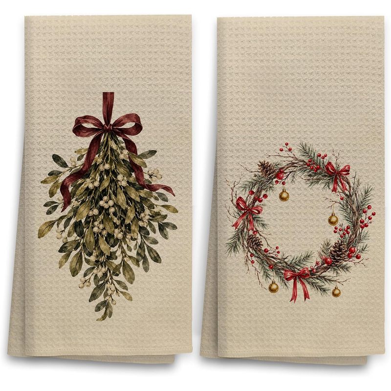 TEMU 2pcs Pack Microfiber Kitchen Towels Suitable For Christmas Wreath Decorations, Modern Rectangular Holiday Towels With Wreath & Tree Patterns,