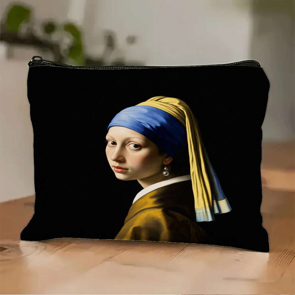 TEMU 1pc Girl With Earring Printed Washbag, Makeup Bag, Cosmetic Bag With Durable Faderesistant Zipper, Lightweight And Foldable Storage Bag,