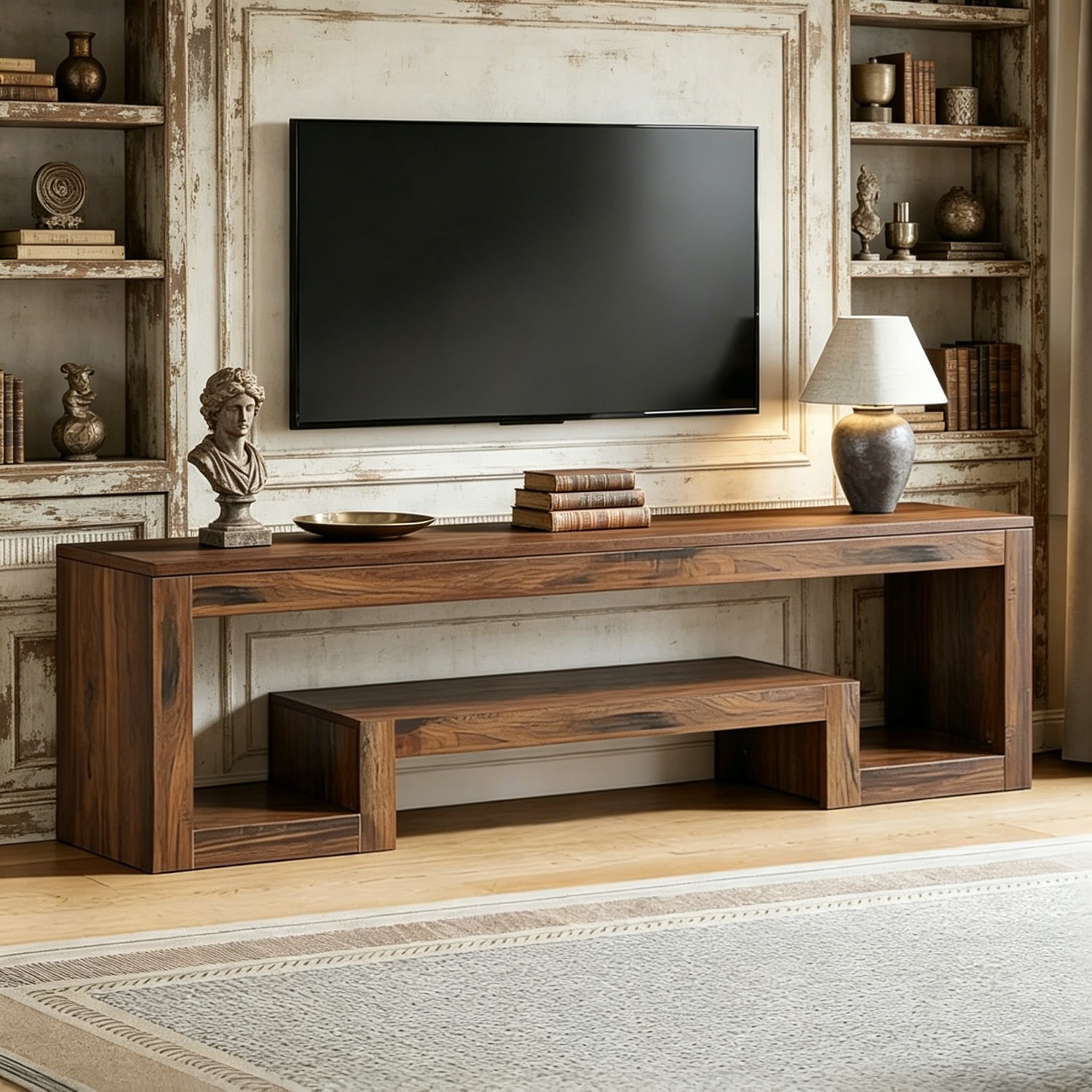 Wood Tv Stand, 63-inch Stand For Tvs Up To 75', Farmhouse With Open Storage Shelves, Wood Entertainment Center For Living Room, Bedroom