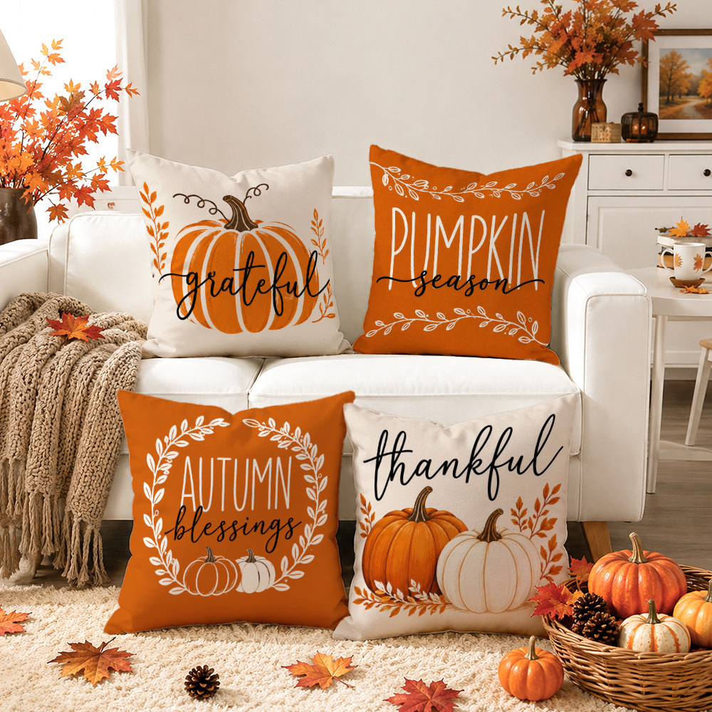 TEMU 4pcs Set Set Of 4 Fall Pumpkin Thanksgiving Throw Pillow Covers Autumn Thanksgiving Pillowcase Rustic Farmhouse Decoration Zipper Closed-perfect