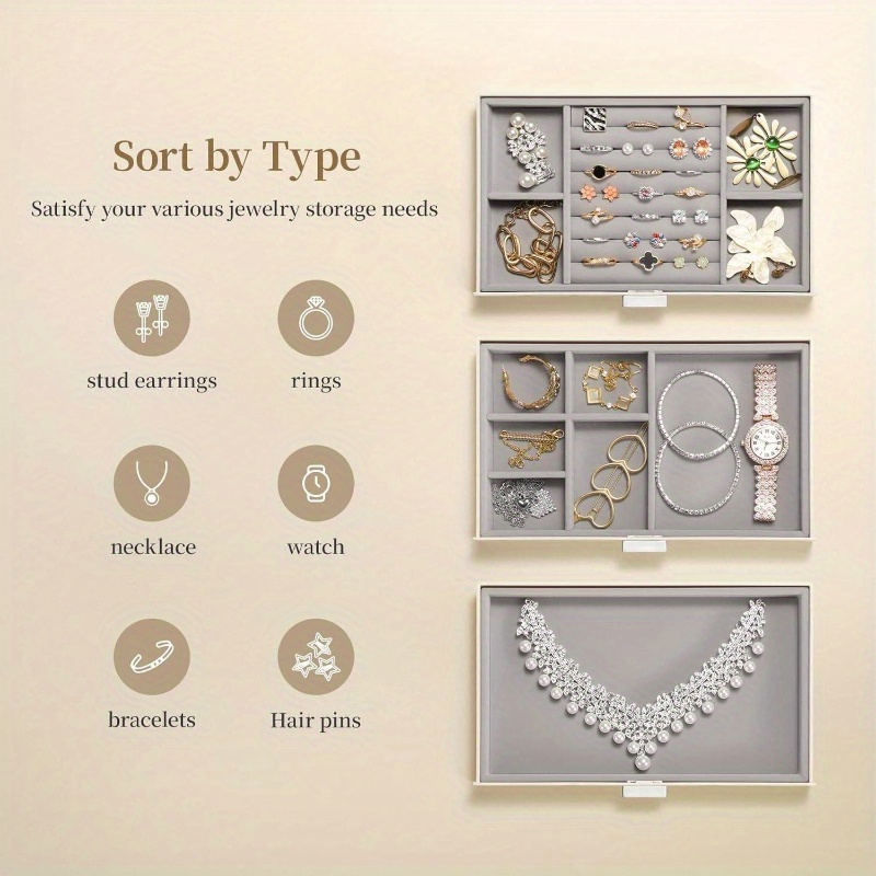women s large jewelry box organizer with   - waterproof & dustproof heavy-duty plastic construction, white   leather-like texture, golden-  hinges & clear drawers - medium size with soft cushioned compartments for earrings, rings, necklaces, bracelets storage -     for home or travel, large jewelry organizer storage, jewelry box, jewellery box packaging, jewelry storage organizer, small jewelery holder Product details 4