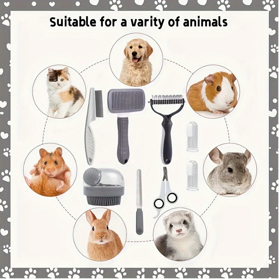 8 pièces Kit de Toilettage pour Chiens Robustes - Ensemble Autonettoyant avec Coupe-ongles, Peigne -puces, Brosse de Bain et de Démêlage, Brosse à Dents en Silicone - Toilettage Complet, Brossage et Élimination des Parasites pour Chiots et Chiens