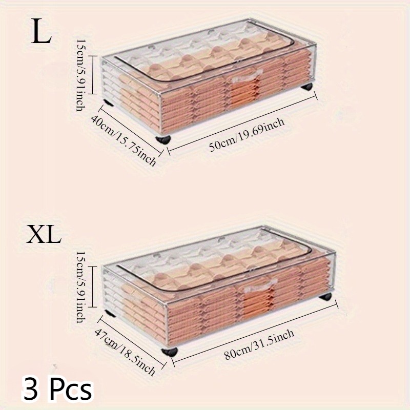 Set of 3 Transparent Under Bed Storage Boxes with Wheels