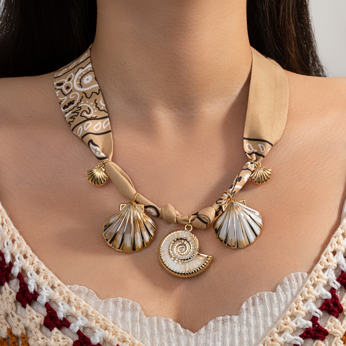 TEMU Collar de tela estampada con colgante de de estilo bohemio, collar versátil para mujer, collar de tela de con de concha marina, colgante de