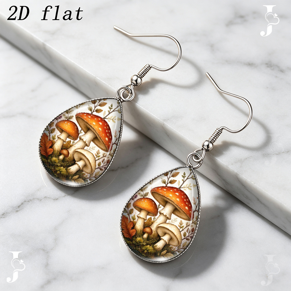 Teardrop Dangle Earrings with Vintage Red Mushroom Pattern