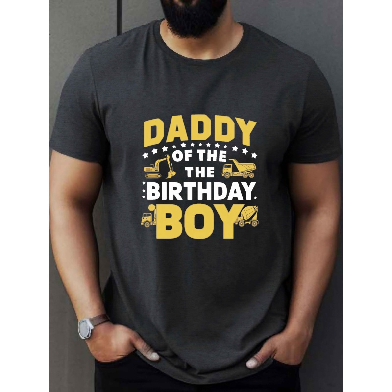 

Men's Casual Crew Neck T-shirt, "daddy Of The Birthday Boy" Print, Summer Short Sleeve Tee, 100% Polyester Knit Fabric, Stretch, Regular Fit, Geometric Pattern - 150gsm