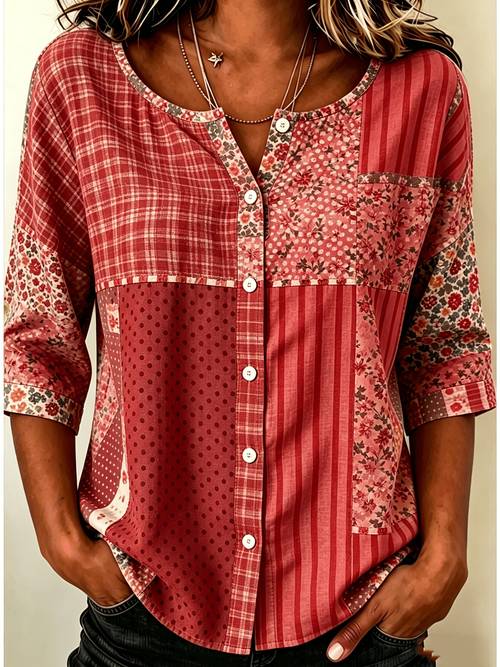 womens vintage contrast color floral print round neck raglan sleeve shirt