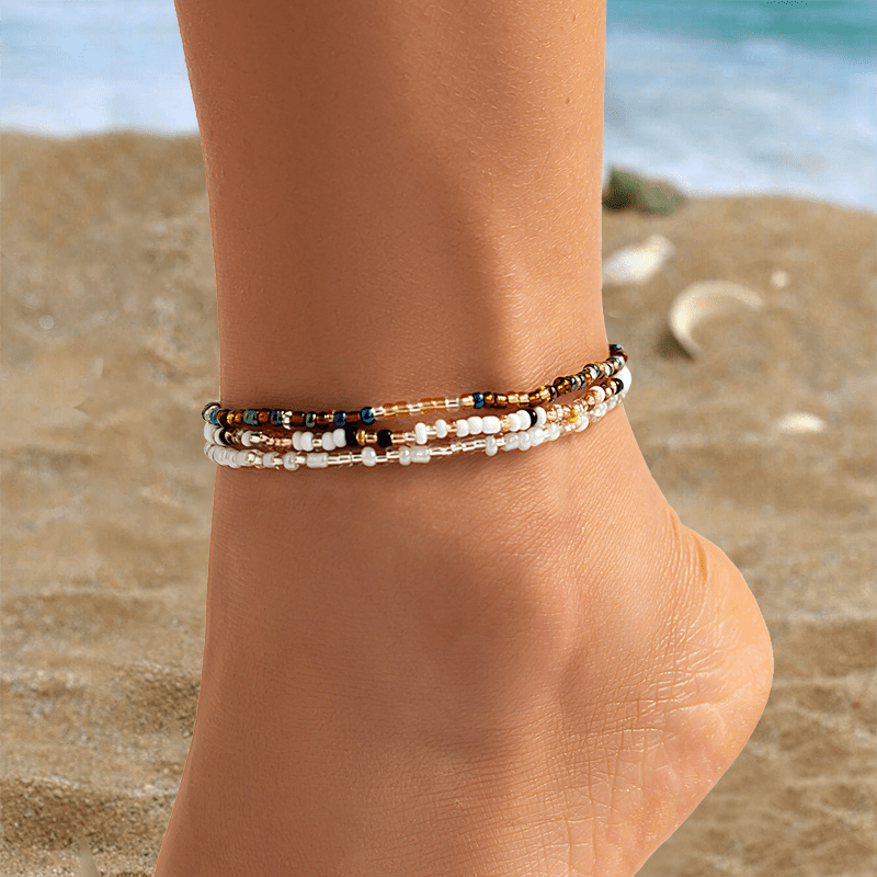 3pc Bohemian Mixed Color Seed Bead Anklet Set, Summer Style