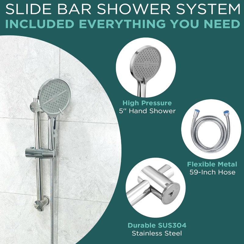 42CM Adjustable Shower Riser Rail Set with 5-Function Handheld Showerhead