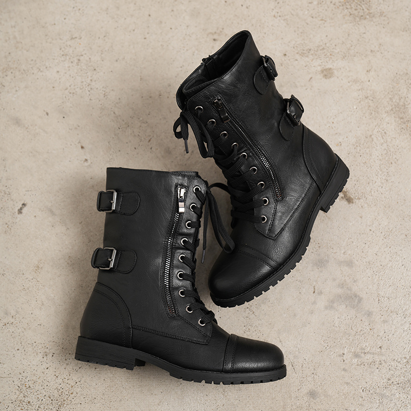 1pr Dream Pairs Women's Mid-calf Combat Ankle Booties - Solid Color, Round Toe, Flat Block Heel, Fabric Lined, Zipper Closure, Pu Upper/insole/tpr Sole, Lace-up Style