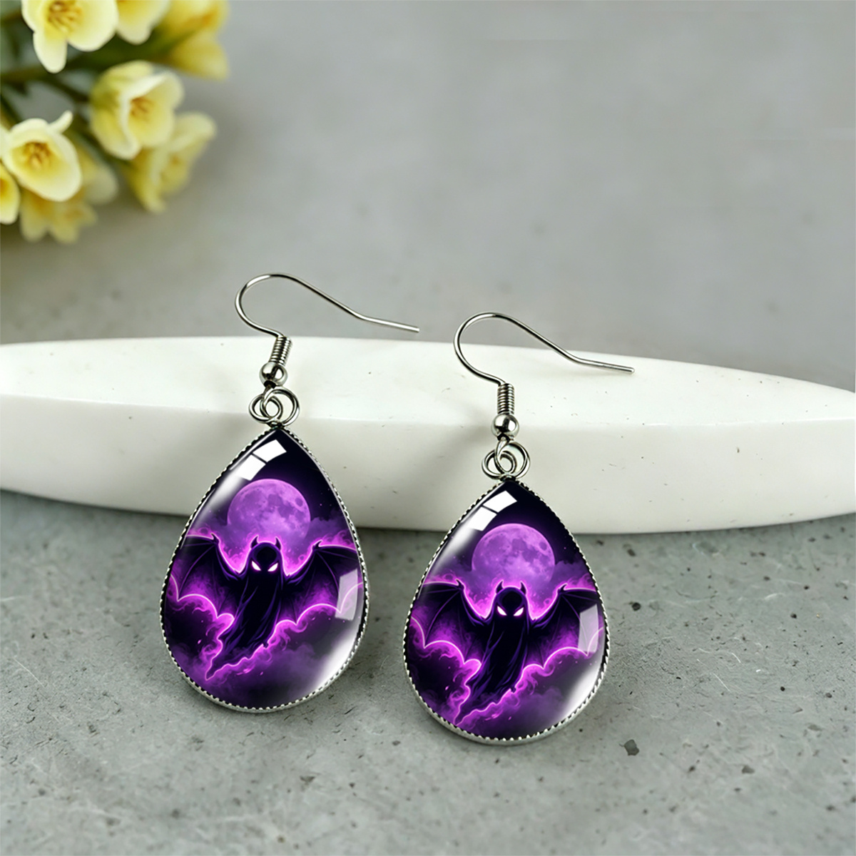 Purple Cloud Mist Black Bat Ghost Pattern Water Drop Earrings
