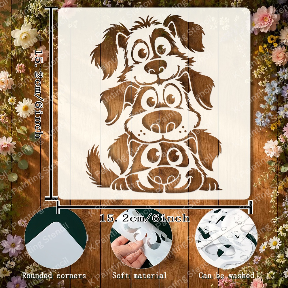 TEMU Grand pochoir creux de 6 pouces avec trois chiots de dessin animé empilés - Modèle de bricolage avec de chien duveteux, oreilles tombantes, yeux