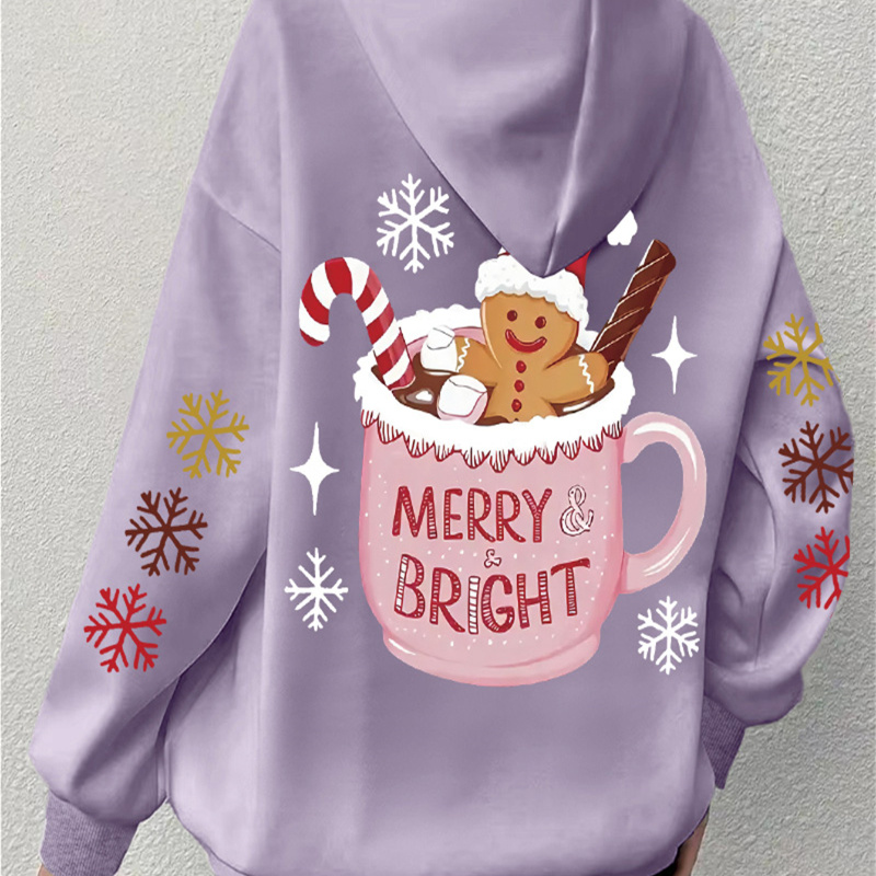 

Sweat à capuche imprimé tasse de Noël grande taille, pull décontracté en polyester, avec capuche, légèrement extensible, motif , pour femme, confort toutes