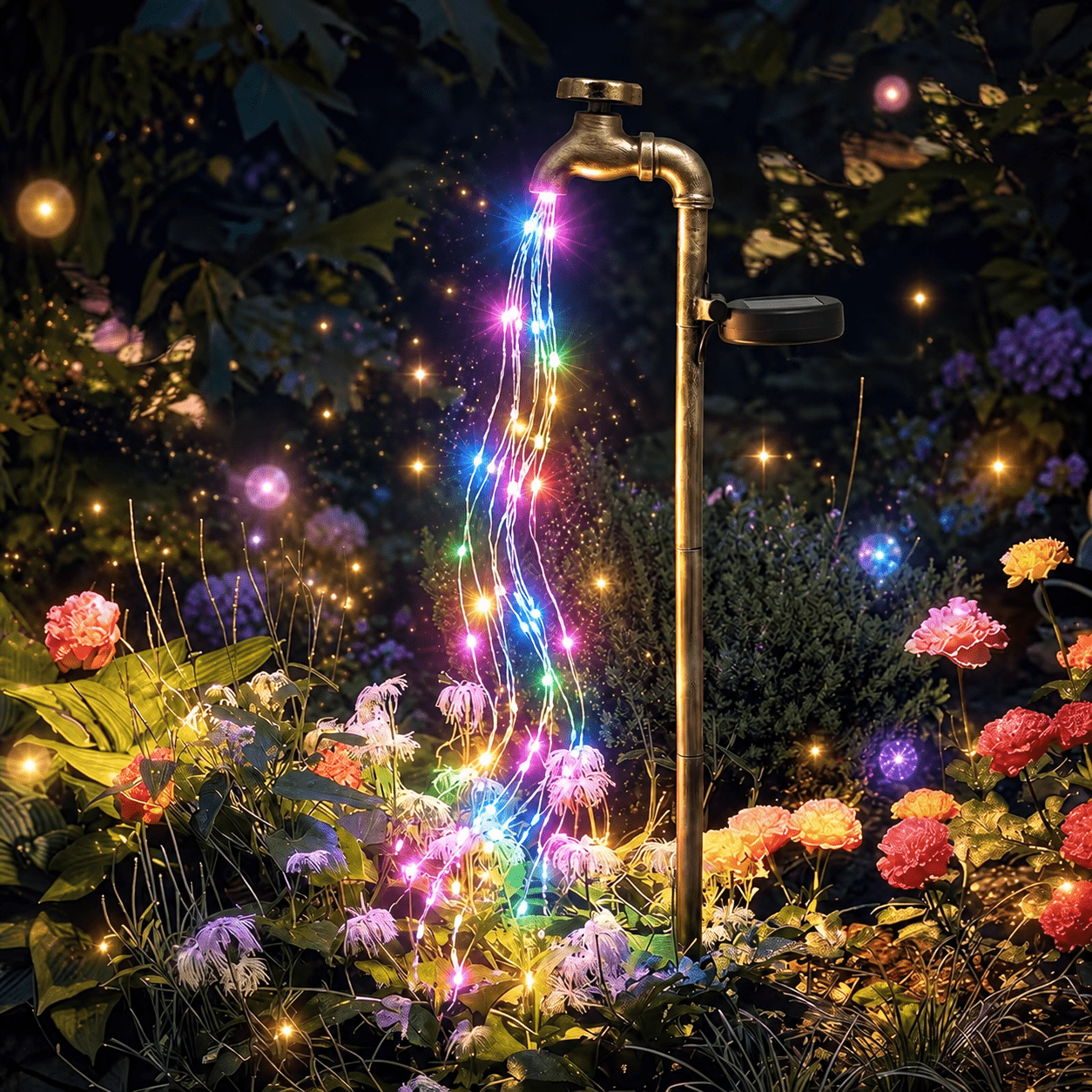TEMU Solar Waterfall Faucet Light Outdoor Garden Decor, Rgb Color Changing Led Solar Powered With Cascading String Lights, Vintage Bronze Water Tap