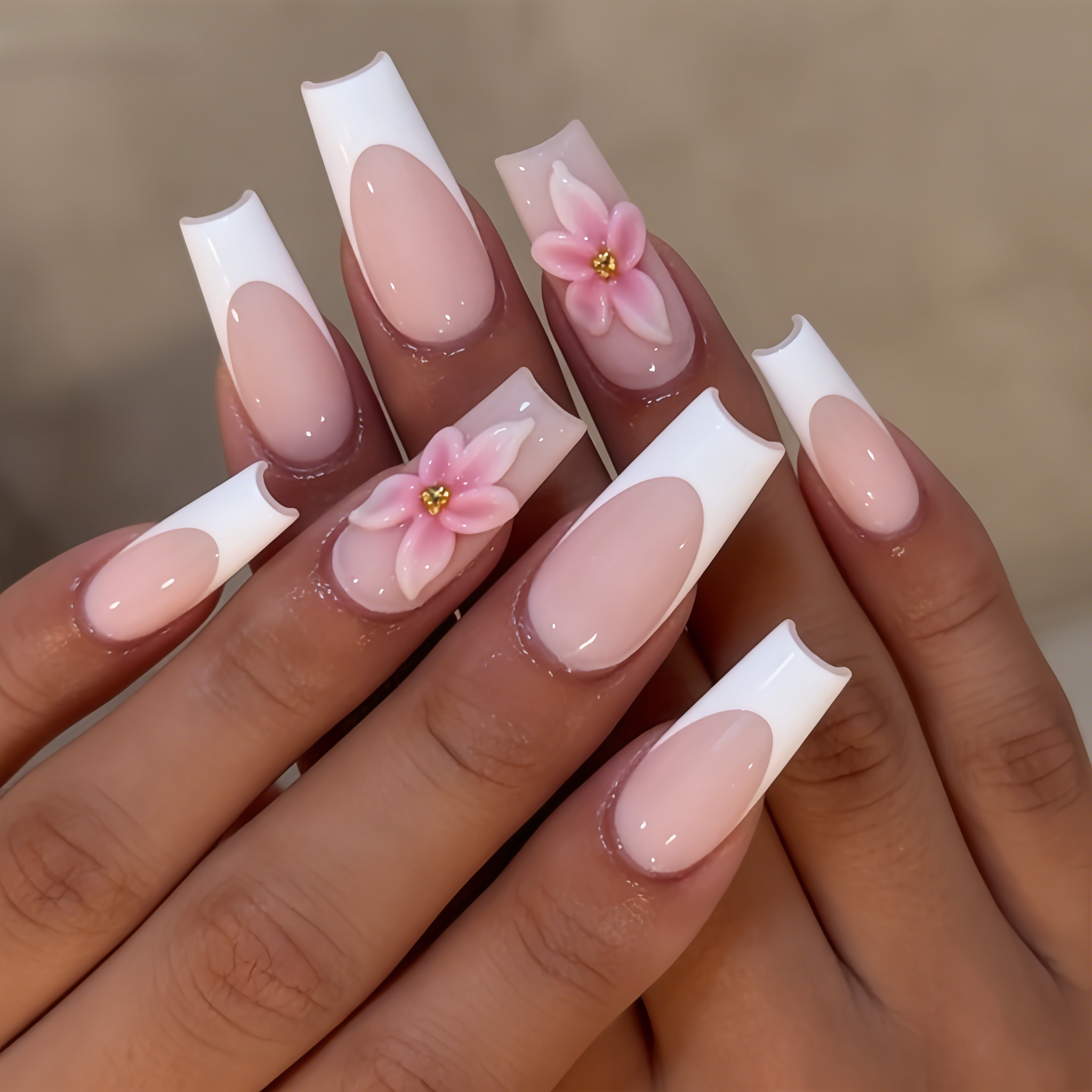 TEMU Enhance Your Beauty 24pcs Nude Pink Glossy False Nails Classic Elegant Rose-colored Striped Floral Press-on Nails Fashion Versatile Wearable