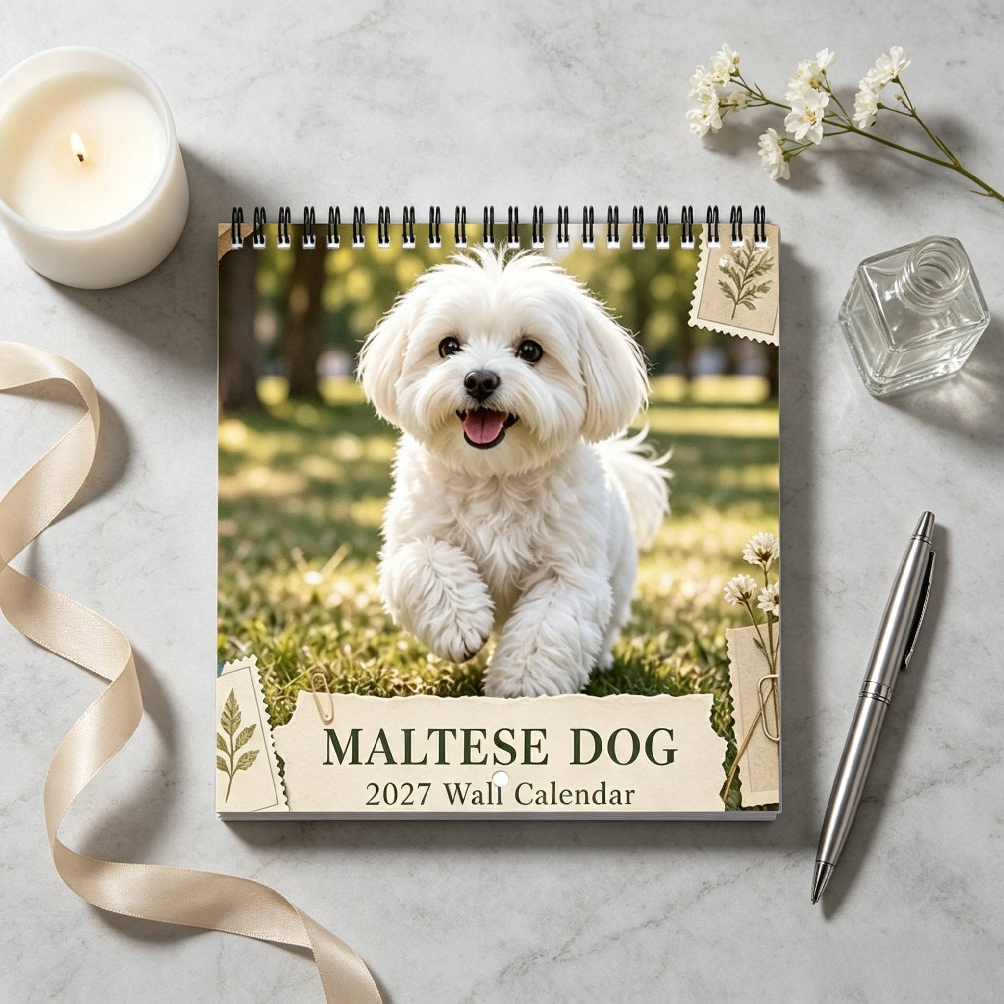 TEMU 1 X 2027 Maltese Dog Wall Calendar, Coil Spiral Binding - Large Monthly View, Vintage Botanical Theme, Suitable For Dog Lovers, Includes Us